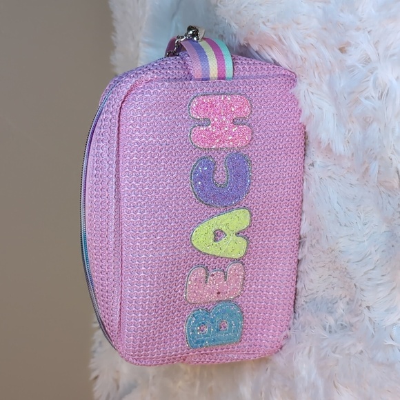BEACH Pouch With Patches - Snacks Bag Chenille Letter Bag Cosmetic Pink Canvas - Picture 1 of 9